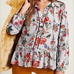 Anthropologie Maeve Janie multicolored flounced floral polka dot top Sz 10